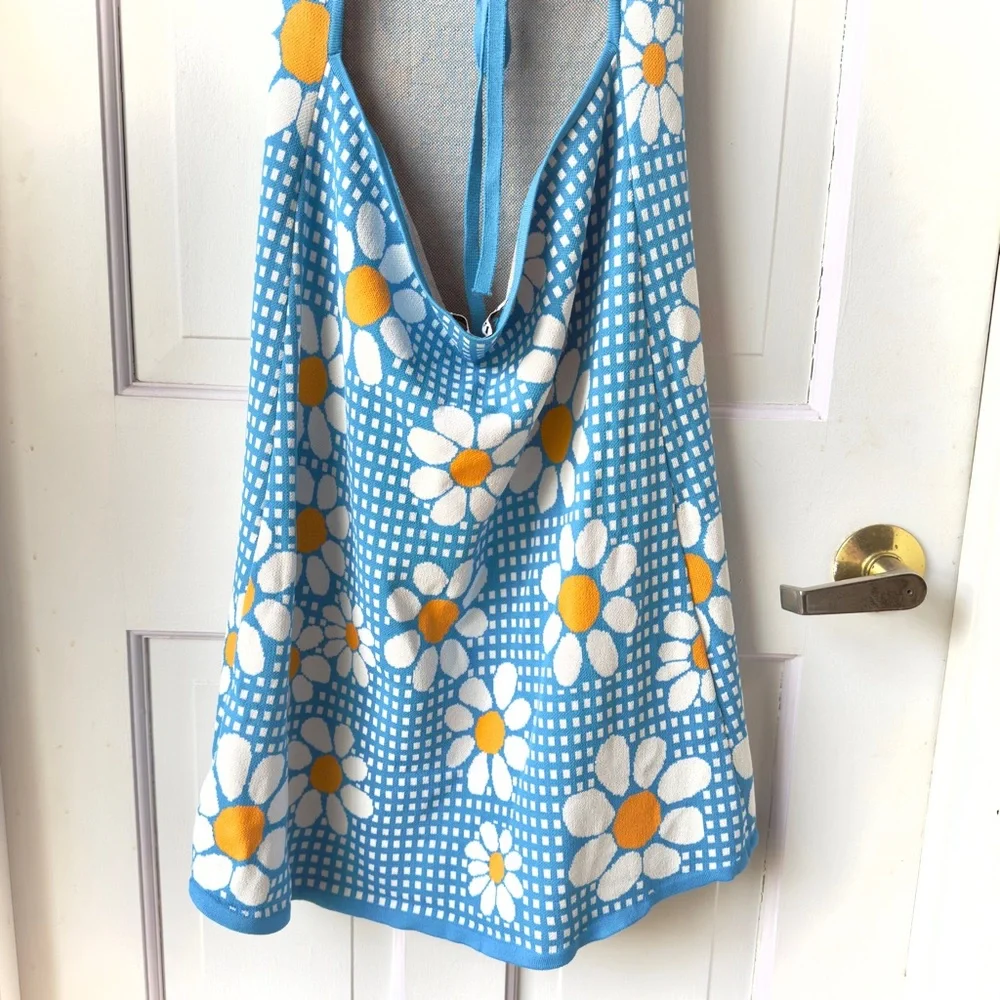 Zara Blue Gingham Daisy Knit Mini Dress Size Large - Picture 10 of 12